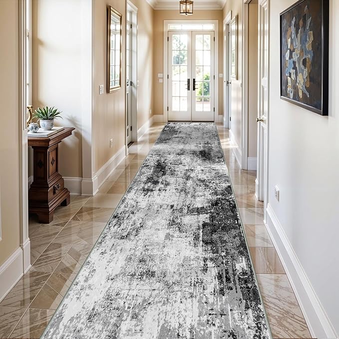 3x16 Washable Runner Rug for Hallway: Extra Long Runners for Entryway Living Room Dining Room - Stain and Water Resistant Rugs with Non-Slip Backing - Soft Low-Pile Carpet Black Grey