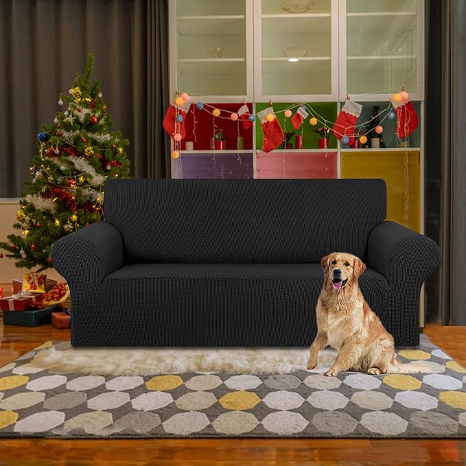 KEKUOU Stretch Loveseat Sofa Cover Slipcover,Couch Covers for 2 Cushion Couch Sofa (55"-78") Furniture Protector Sofa with Elastic Bottom for Kids,Dog. Jacquard Small Checked (Medium,Black)