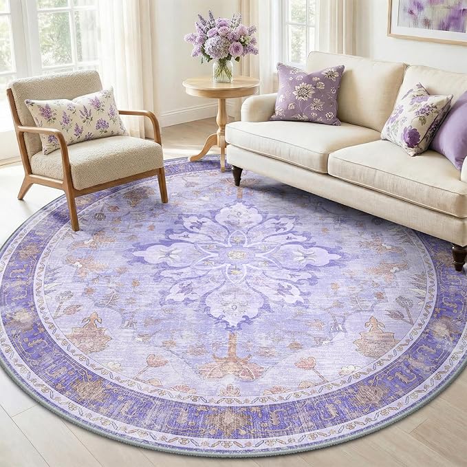 Area Rugs 6ft Washable Non-Slip, Floral Vintage Distress Print Pattern Medallion Carpet for Living Room Bedroom Dining Room, Light Purple Brown