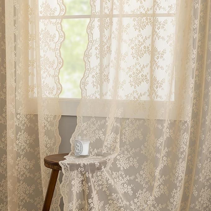 YJ YANJUN Vintage Lace Curtains 54 Inch Length-Victorian Floral Patterns and Scalloped Edges Cottage Core Rustic Style Short Sheer Curtain Panels for Kitchen Small Windows W52 X L54 Beige