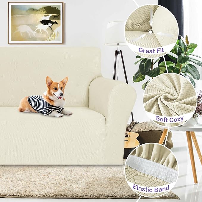 ZNSAYOTX Super Stretch Chair Slipcover (30"-47"), New Striped Sofa Chair Covers for Living Room, Dogs Pet Friendly Anti-Slip Chair Protector Spandex Armchair Slipcovers (Beige, Chair)