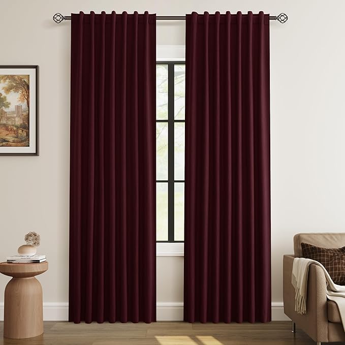 Guken Burgundy 100% Blackout Linen Curtains 84 Inch Length 2 Panels Set for Living Room Bedroom Back Tab Thermal Insulated Black Out Drapes Room Darkening Farmhouse Style for Bedroom Window Curtains