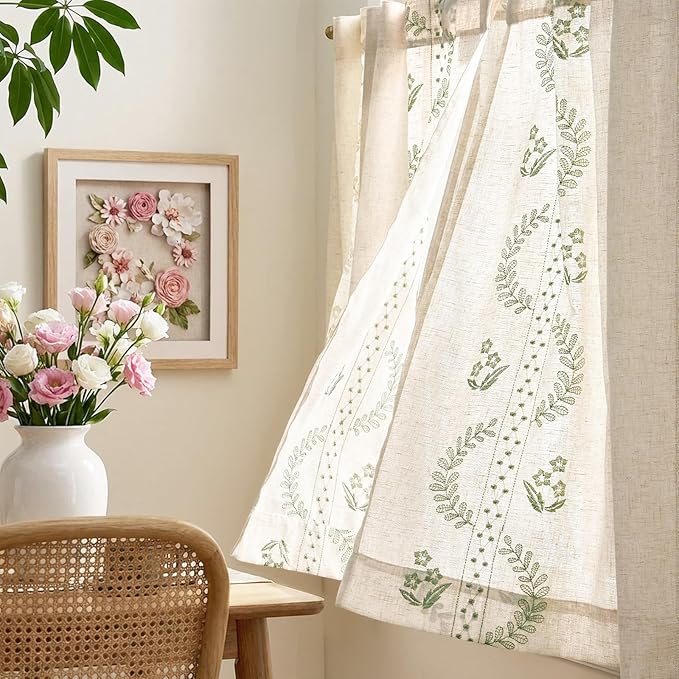 jinchan Belrose Linen Floral Kitchen Curtains 24 inch Length Embroidered Farmhouse Cafe Curtains for Living Room Bathroom Small Windows Curtain Set Sheer Light Filtering 2 Panels Sage Green