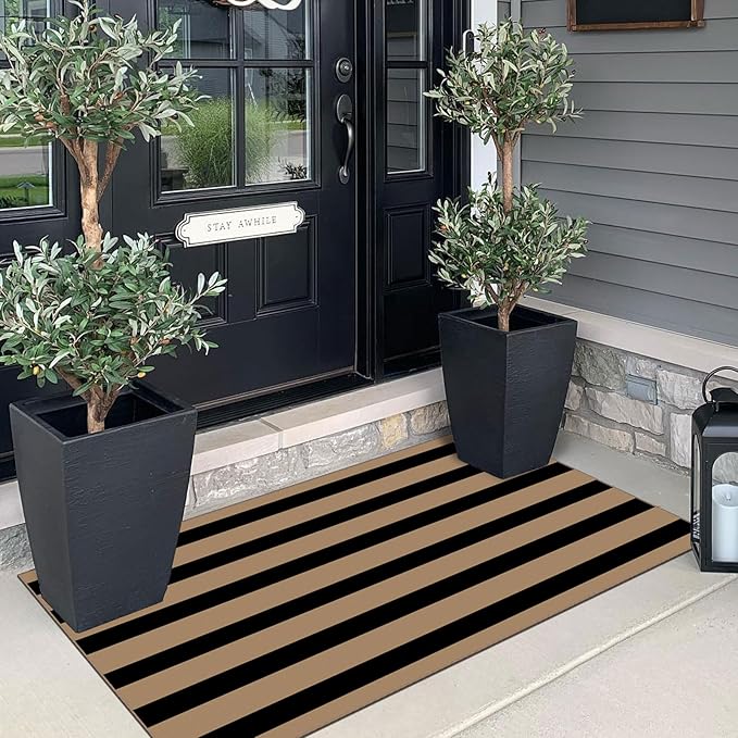 Front Door Mat Indoor Entrance - 2x4.3 Ft Black Tan Striped Washable Doormat Outdoor Entrance Porch Rug Non-Slip Layered Runner Rug for Kitchen Hallway Bedroom Laundry Room Porch Decor