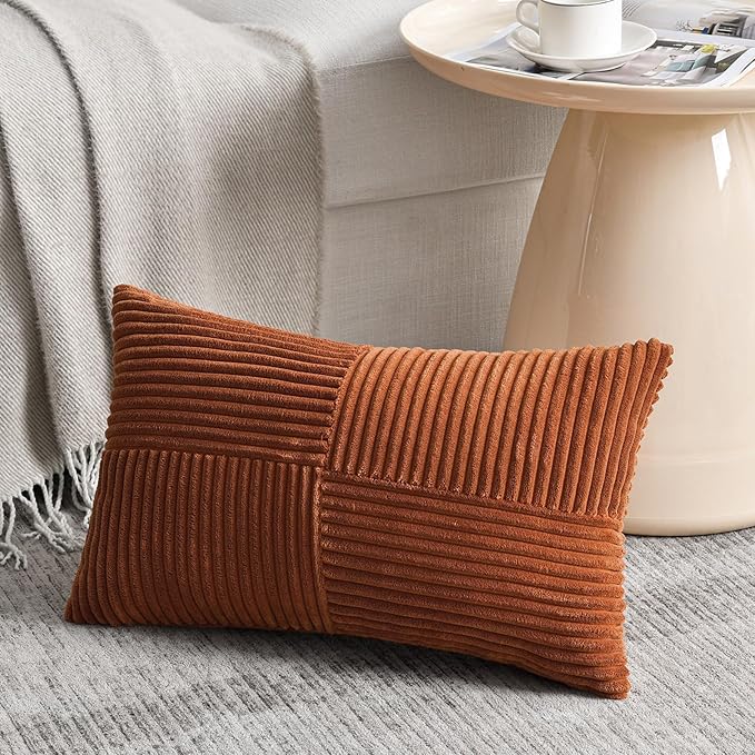 Fancy Homi 2 Packs Rust Lumbar Decorative Throw Pillow Covers 20x28 Inch for Couch Bed Sofa, Rustic Farmhouse Boho Home Decor, Soft Striped Corduroy Rectangle Accent Terracotta Cushion Case 50x70 cm