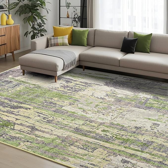 Toneed Abstract Area Rug Modern Washable Rug Soft Non Slip Rug Low Pile for Bedroom Living Room Dining Room Green 8x10 Feet