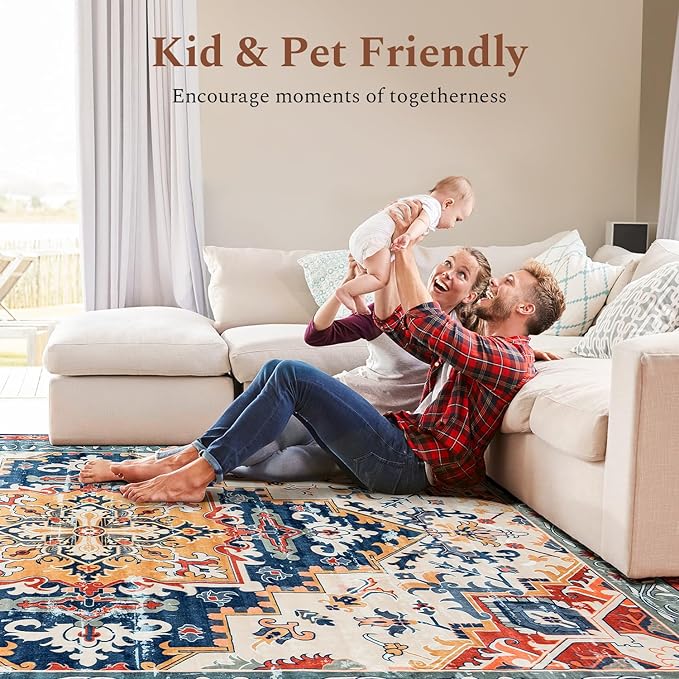 Rugflix 8x10 Area Rug for Living Room, Machine Washable Area Rugs with Non-Slip Backing, Large Soft Boho Vintage Rug for Bedroom, Dining Room, Low Pile Carpet, Kids Pet Friendly, Red