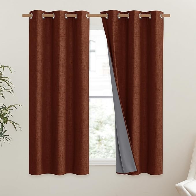 NICETOWN 100% Absolutely Blackout Linen Curtains with Thermal Insulated Liner, 42" Wide, 2 Panels, 63" Long Drapes, Grommet Retro Burnt Orange Linen Curtains Vertical Drapes Privacy for Bedroom