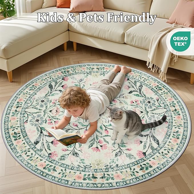 Round Area Rug for Living Room: 4 ft Floral Washable Circle Rug Soft Non-Slip Carpet Indoor Stain Resistant Low Pile Small Circular Rug for Bedroom Entryway Kitchen Nursery Home Office Green Beige