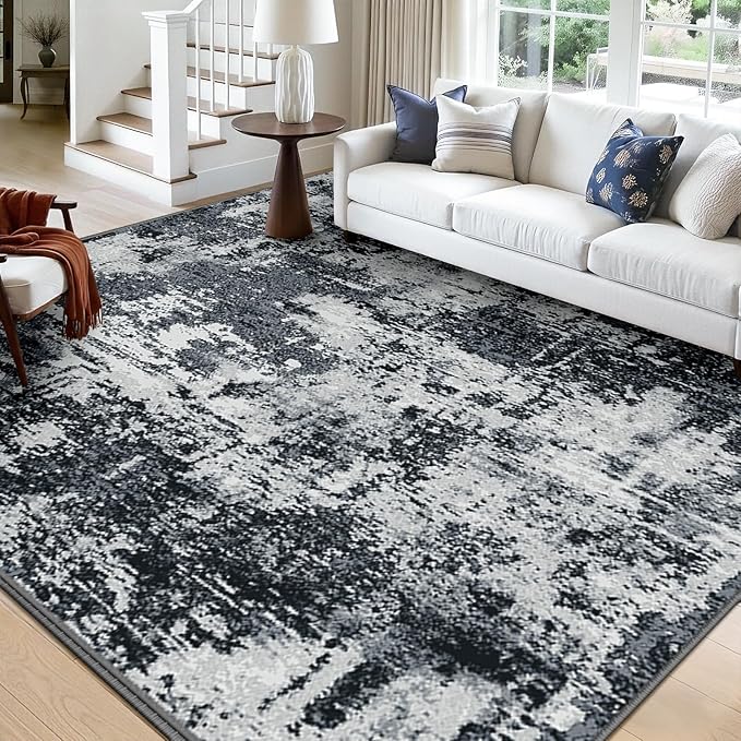 Washable Area Rugs Square 10ft Non-Slip Modern Abstract Soft for Living Room Entryway Bedroom Nursery, Print Pattern, Black Navy Blue Gray
