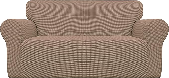 Easy-Going Stretch Loveseat Slipcover 1-Piece Sofa Cover Furniture Protector Couch Soft with Elastic Bottom for Kids Polyester Spandex Jacquard Fabric Small Checks (Loveseat, Camel)