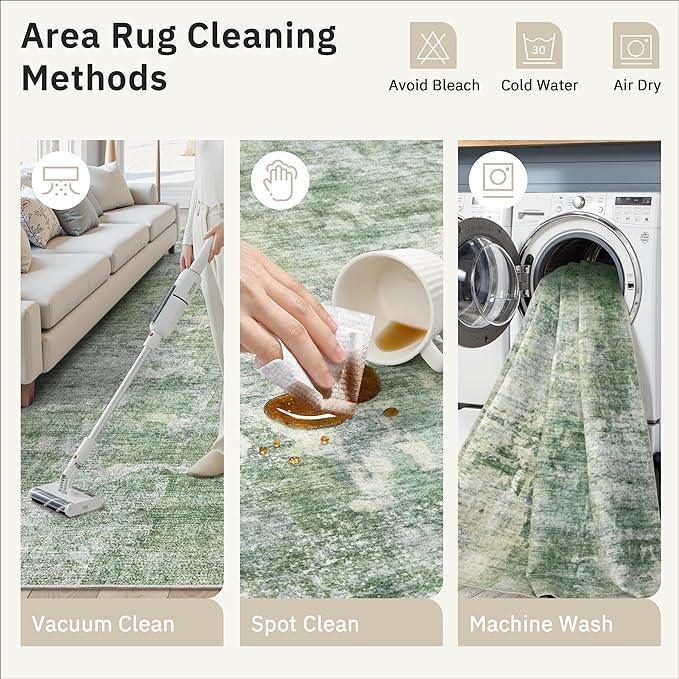 9x12 Area Rugs for Living Room, Non-Slip Machine Washable Vintage Rugs, Abstract Low Pile Lightweight Large Rug for Bedroom, Dining Room, Home Office Green Ivory