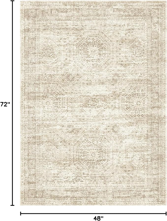 4x6 Area Rugs for Living Room, Vintage Washable Rugs for Dining Room, Bedroom, Home Office Decor, Non-Slip Beige Carpet Thin Rug