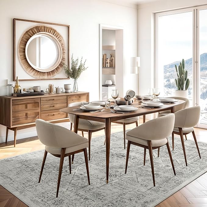 Soalmost 6x9 Area Rug for Living Room Floral Washable Non-Slip Gray Rugs for Bedroom Dinning Room Ultra-Thin Indoor Grey Rug