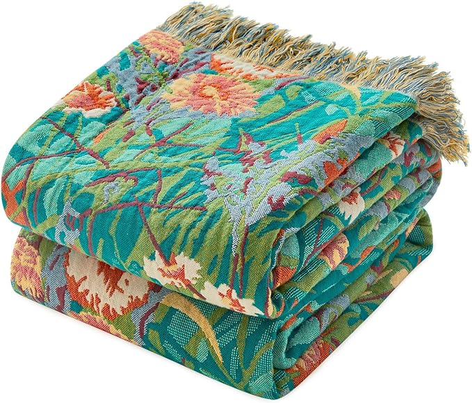 MSGKV Boho Throw Blanket 60"x80" Floral Blankets for Bed 100% Cotton Twin Size Couch Blanket Lightweight Farmhouse Muslin Spring Breathable Home Decor All Seasons