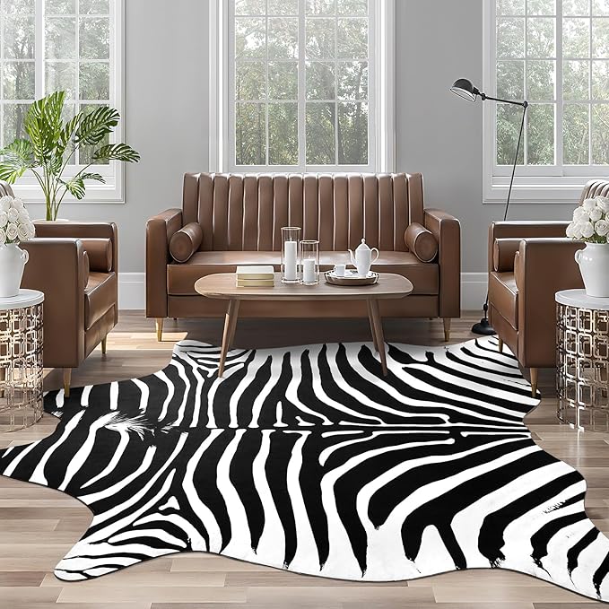 AROGAN Premium Faux Zebra Hide Rug 6.2 x 7 Feet, Sturdy and Large Size Zebra Print Rugs, Suitable for Bedroom Living Room Western Decor, Faux Fur Animal Carpet, Black and White