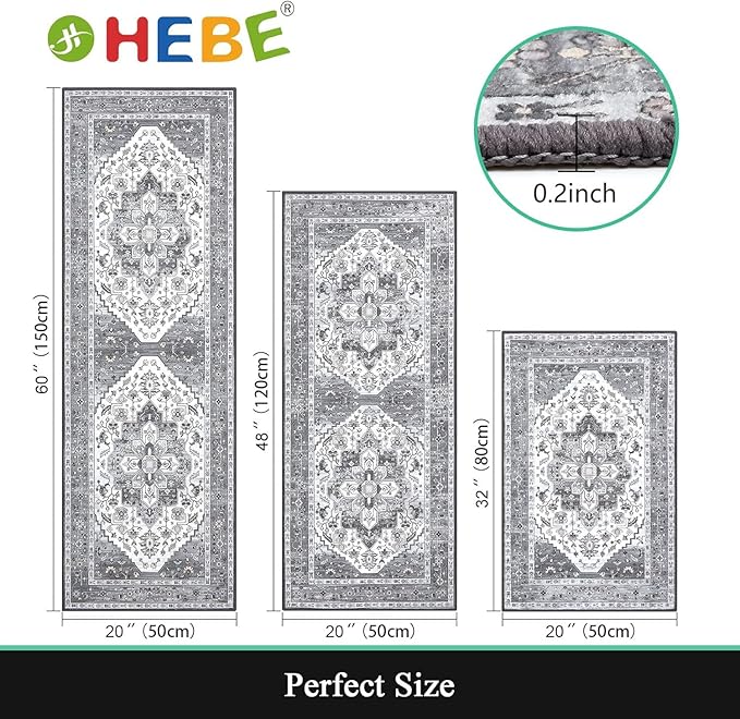 HEBE Boho Kitchen Rug Sets 3 Piece with Runner Non Slip Kitchen Rugs and Mats Washable Kitchen Mats for Floor Thick Kitchen Floor Mat Carpet Runner Rugs for Hallway Laundry Holiday Decor