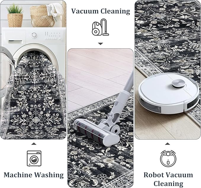 Yamaziot Washable Runner Rug 2x8 – Non Slip Boho Floral Hallway Runner Rug with Rubber Backing, Low Pile Faux Wool Distressed Carpet for Kitchen, Laundry, Bedroom, Entrance, Navy/Black