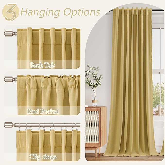 Guken 100% Blackout Curtains 72 Inch Length 2 Panels Set for Living Room Bedroom Back Tab Thermal Insulated Black Out Linen Drapes Room Darkening Window Curtains 72 Inches Long,Gold