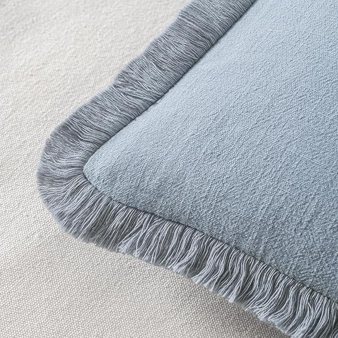MIULEE Decorative Throw Pillow Covers Neutral Linen Fringe Throw Pillows Set of 2 Light Blue Boho Farmhouse Cushion Covers with Tassels for Couch Sofa Bed Living Room Spring Home Decor 20x20 Inch