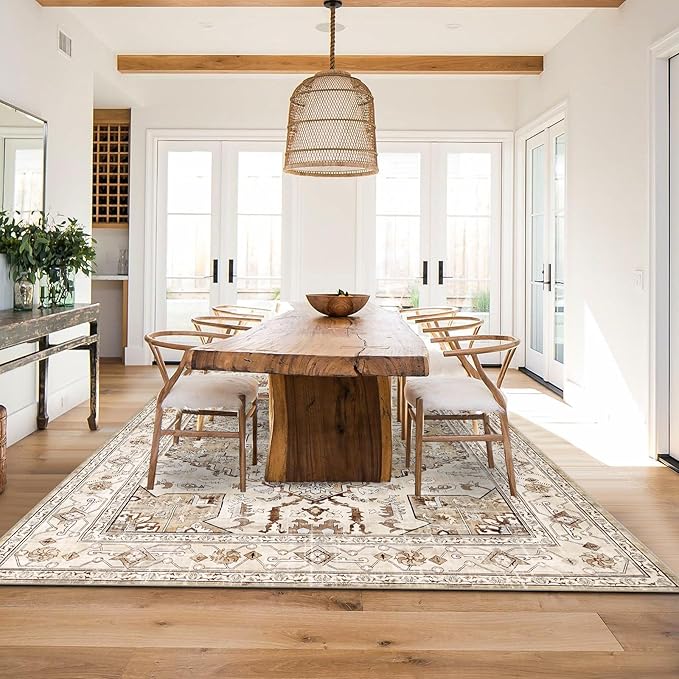 Yamaziot Area Rug 8x10, Non-Slip Washable Boho Vintage Living Room Bedroom Rug with Rubber Backing, Low Pile Faux Wool Soft Distressed Rug Floor Carpet for Living Room, Bedroom