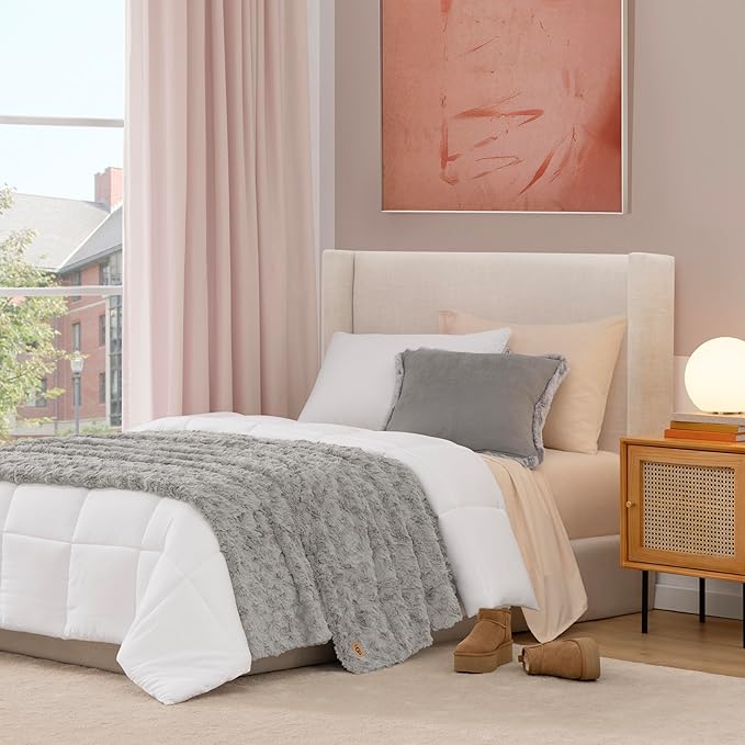 UGG Adalee Faux Fur Twin Blanket, Fluffy Blanket for Bed, Cozy Oversized Throw for Couch, Washable Twin XL Bedding, Luxury Home Decor, 66" x 90", Seal Grey