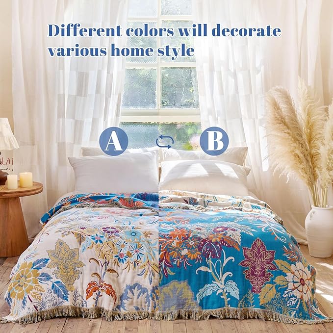 MSGKV Boho Throw Blanket for Bed Cotton 60"x80" Floral Blanket Twin Size Couch All Seasons Muslin Spring Breathable Lightweight Farmhouse Blankets