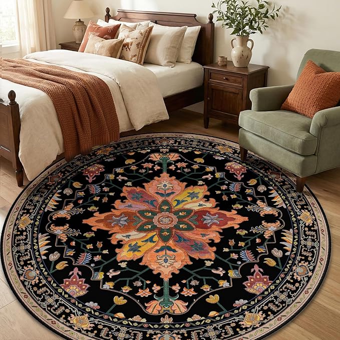 Area Rugs 6ft Washable Non-Slip, Floral Vintage Distress Print Pattern Medallion Carpet for Living Room Bedroom Dining Room, Black Colorful Floral Dark Tan
