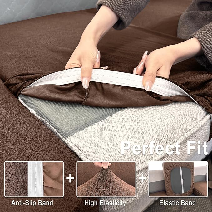 Leather Look Couch Cushion Covers Sofa Seat Slipcovers Sets Couches Furniture Protector for Sectional Armchair Loveseat Pets Kids Stretch Spandex Fabric (3 Cushion Sofa, Brown)