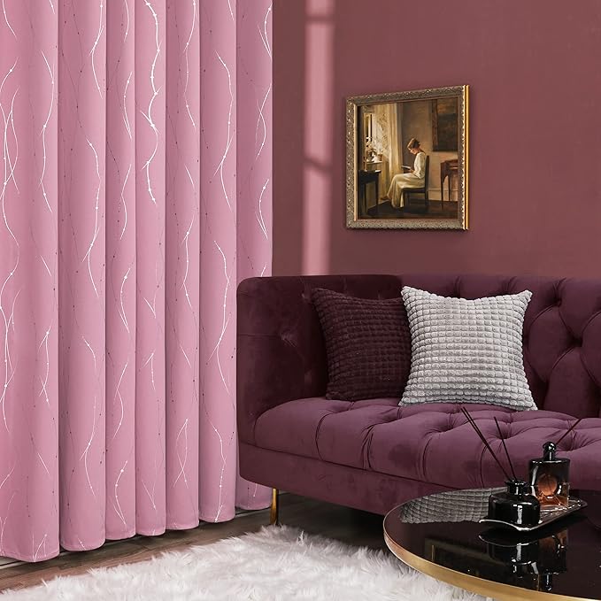 Deconovo Short Blackout Curtain, Pink Curtain, Thermal Insulated Soundproof Grommet Drapes, Wave Line Dot Foil Print, 38 x 54 Inch, 2 Panels, Machine‑Washable Window Panel for Small Windows Kitchne