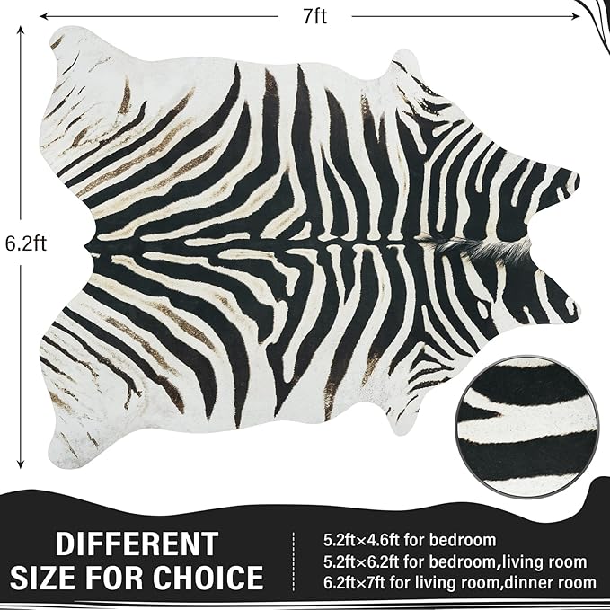 AROGAN Western Faux Fur Zebra Rug, 6.2x7 Feet Premium Animal Skin Print Rug, Sturdy Faux Zebra Hide Rugs for Wall Decor, Western Floor Carpet for Bedroom Living Room, Black and White