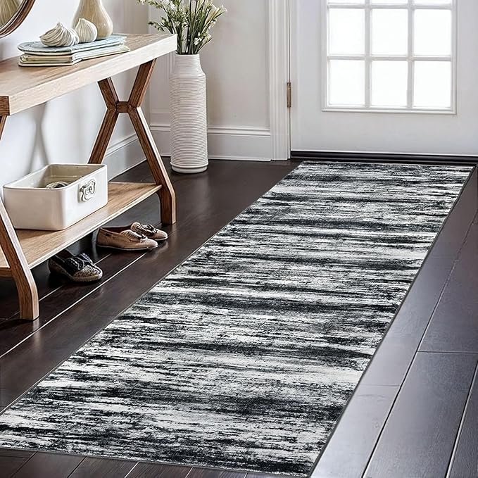 KOZYFLY Modern Abstract Kitchen Runner Rug, 2x6 Washable Rug Runner Non-Slip Soft Striped Hallway Runner Rugs, Black Navy Blue Grey Carpet Runner for Entryway Bathroom Laundry Room Foyer