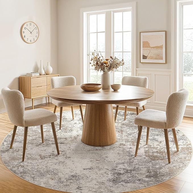 UERMEI 8ft Round Area Rug Living Room Rugs - 8x8 Washable Neutral Modern Abstract Soft Thin Rug Indoor Floor No Slip Rug Carpet for Bedroom Under Dining Table Home Office Decor - Brown Grey