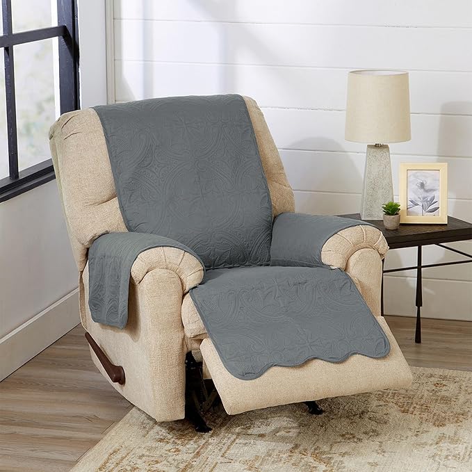 Great Bay Home Reversible Recliner Cover - Washable Slipcover Furniture Protector with Elastic Straps - Perfect for Kids & Pets - Quilted & Stitched Detail (Mirage Gray/Flax)