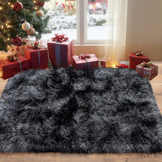 Pionblank Fluffy Small Rug for Bedroom 2x3 Feet, Shag Soft Area Rug, Modern Plush Carpet, Furry Cute Bedside Rug for Kids Girls Boys Room Nursery Decor, Dark Grey