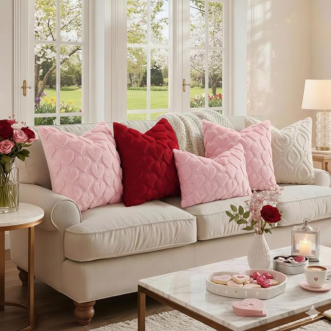 decorUhome Valentine’s Day Soft Plush Throw Pillow Covers 18x18 Inch Set of 2, Faux Fur Pink Heart Decoration Neutral Square Pillow Covers for Couch Sofa Bed Cozy Farmhouse Holiday Decor