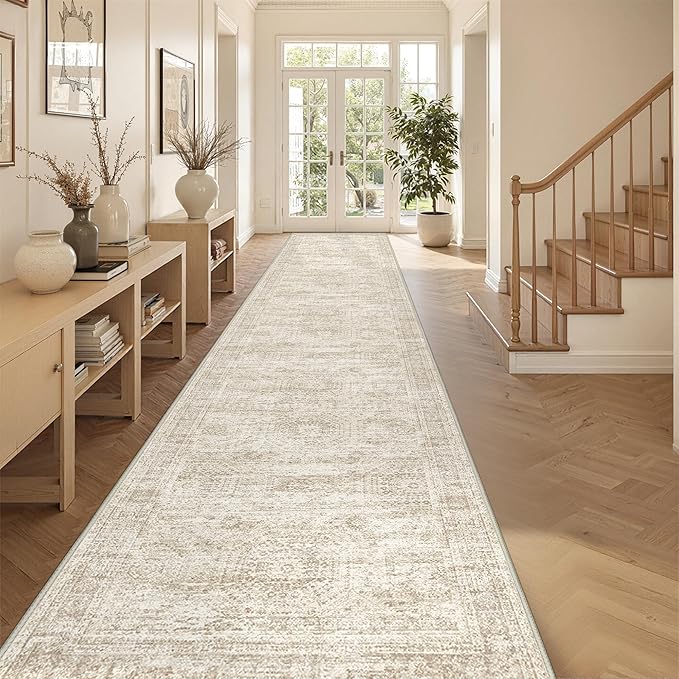 3x14 Washable Runner Rug for Hallway, Non-Slip Long Hallway Runner for Entryway, Soft Vintage Kitchen Mats for Floor, Abstract Dining Room, Bedroom, Living Room Rugs(3'x14', Beige/Ivory)