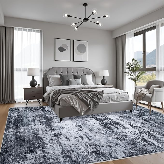4x6 Area Rug Living Room Rug: Washable Modern Abstract Soft Thin Rug Indoor Floor No Slip Stain Resistant Carpet for Bedroom Dining Room Farmhouse Nursery Home Office - Black
