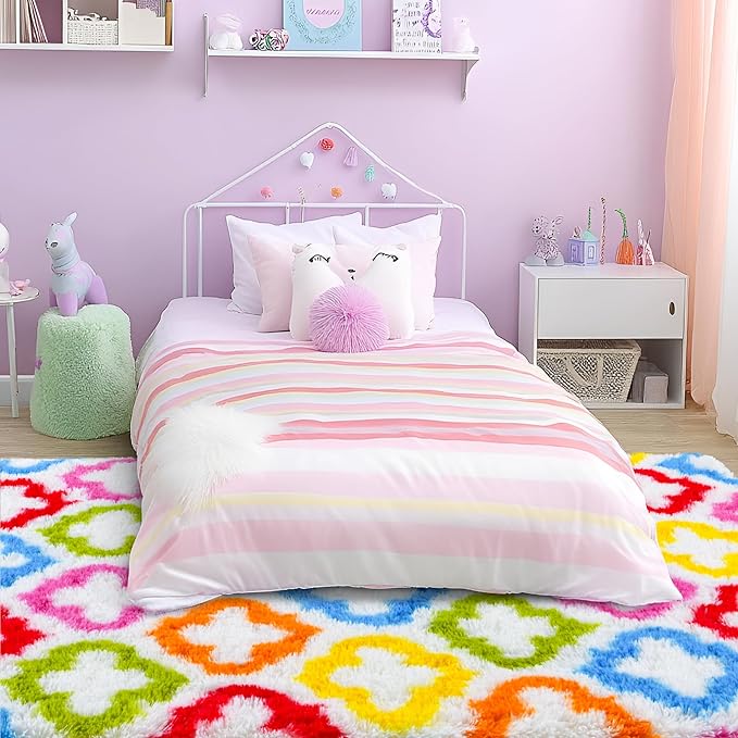 Tepook Fluffy Colorful Rug for Kids, Shaggy Soft Rainbow Area Rugs for Girls Bedroom, Indoor Modern Geometric Moroccan Rugs Plush Girls Kids Rug for Playroom Teens Room Nursery Home Decor, 3 X 5 ft
