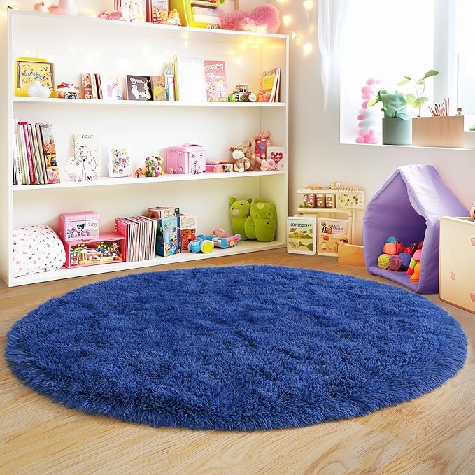 5'x5' Blue Round Rug for Bedroom, Ultra Soft Fluffy Circle Rug for Kids Girls Boys Room, Cute Shag Rugs for Living Room Playroom Teen Room Home Decor Rug