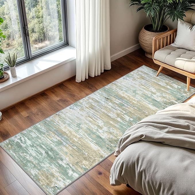 KOZYFLY Kitchen Runner Rug for Hallway Non-Slip Modern Abstract Runner Rug 2x5 Light Green Yellow, Washable Carpet Runner Laundry Room Mat with Soft Low Pile for Entryway Bathroom Bedroom Kitchen
