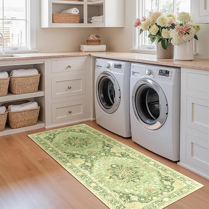Area Rugs 2'x6' Runner Rug Non Slip Washable for Kitchen Hallway Bedroom Beside Laundry Room Bathroom Rug, Floor Carpet, Sage Green Yellow