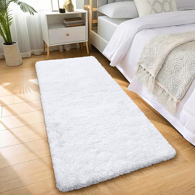 OLANLY 2x5 Machine Washable Runner Rugs for Hallway, Soft Fluffy Shaggy Bedside Rugs for Bedroom, Living Room, Indoor Floor Carpet for Kids Girls and Boys, Nursery Rooms, Home Decor Aesthetic, White