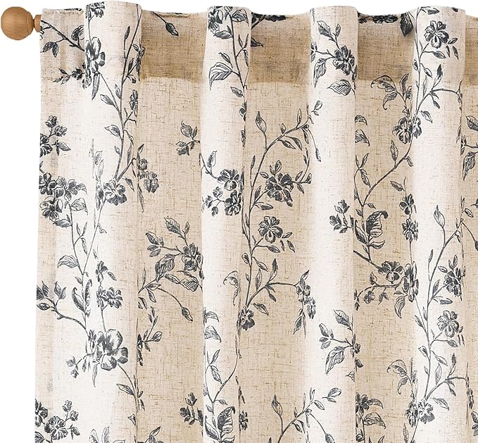 Lazzzy Black Floral Linen Curtains 96 Inch Farmhouse Back Tab Drapes for Living Room Bedroom Light Filtering Vintage Grandmillennial Rod Pocket Curtains, 2 Panels, W38 x L96, Black on Beige