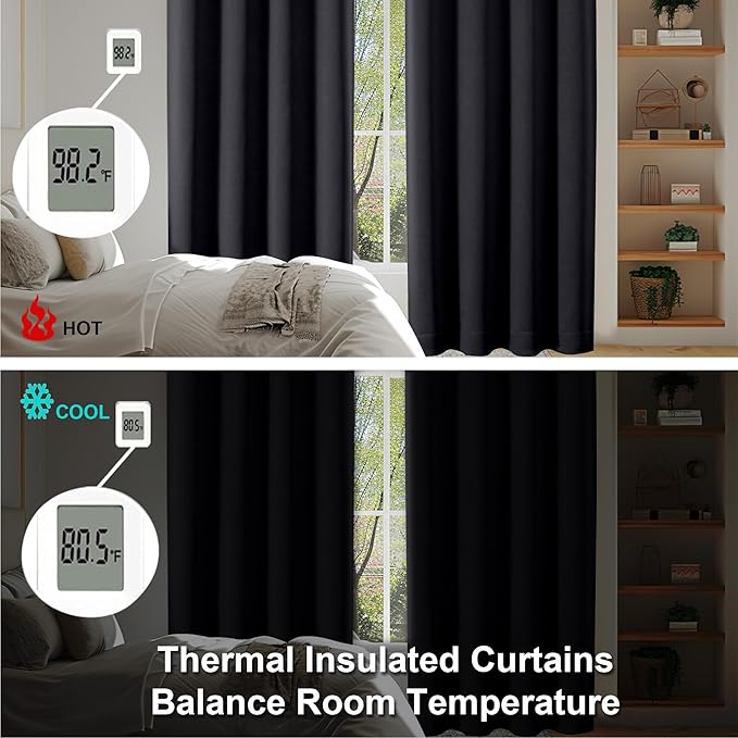 Simplebrand Ava Halloween Black Blackout Curtains for Bedroom 90 Inches Long 2 Panels Set, Solid Privacy Energy Saving Living Room Window Treatment Curtains Blackout Drapes, W50 x L90 Inch, Black