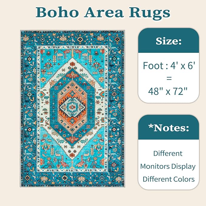 SERISSA 4x6 Boho Bedroom Rug, Washable Non Slip Vintage Blue Area Rugs, Ultra Soft Print Distressed Tribal Entry Rug Low-Pile Throw Carpet for Nursery Dorm Kitchen Living Room Decor