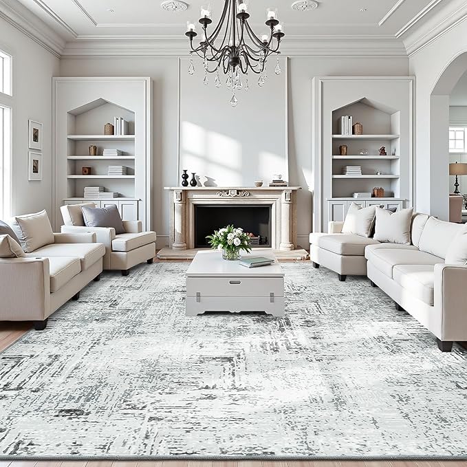 Rugflix 9x12 Washable Area Rugs, Neutral Boho Carpet Living Room Rug Non Slip Stain Resistant, Large Area Rug for Indoor Bedroom Dining Room Office, Blue/Grey