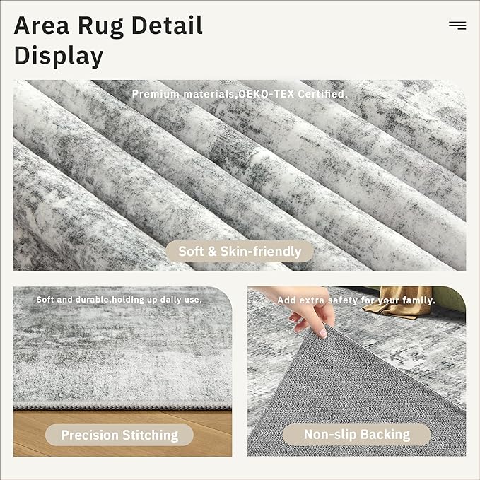 Abstract Rug 8x10 Large Living Room Rugs Neutral Modern Washable Area Rugs for Bedroom Dining Room Non-Slip Stain Resistant Foldable Thin Rug Gray White