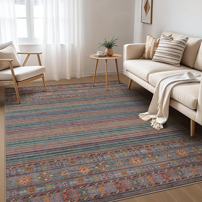 Nakagishi 8X10 Area Rugs Living Room: Washable Large Vintage Rug Neutral Non-Slip Soft Stain Resistant Indoor Carpet for Bedroom Nursery Dining Room Office Playroom - Multi Color
