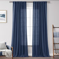 Navy Blue Curtains 120 inch Length for Bedroom Back Tab Light Filtering Semi Sheer Blue Living Room Curtains Linen Cotton Textured Indigo Blue Drapery Panel Modern Farmhouse Aesthetic Decor Dark Blue